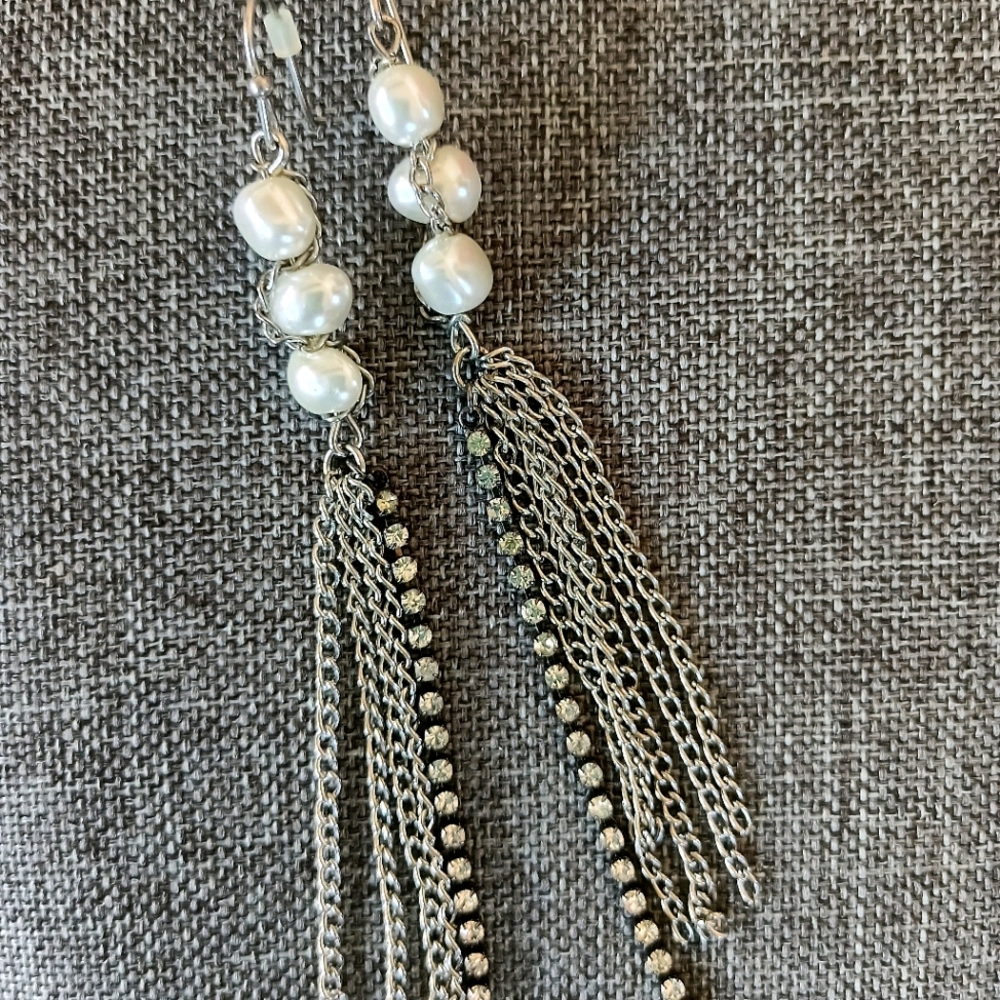 Pearl tassel earrings gray stones silver metal Bundle 2 pair for $18
